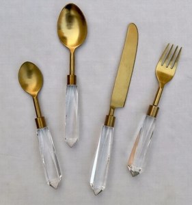 Ensemble de couverts au design créatif en acier inoxydable plaqué or avec manche en acrylique, cuillère, fourchette et couteau, ustensiles de cuisine, vaisselle - Product Image 1