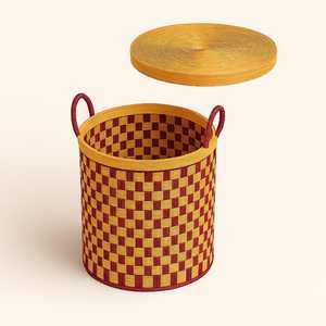 Cesta de Almacenamiento Redonda Rústica de Bambú Tejida a Mano, Multiusos, para Ropa y Juguetes, con Asas |   Forro de tapa opcional |   Biodegradable - Product Image 6