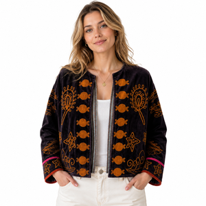 Velvet Sujani Art Embroidered Floral Pattern Open Front Reversible Winter Jacket - Product Image 2