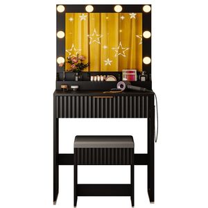 Set Toeletta Nera in Truciolato a 3 Scomparti con 1 Cassetto, 8 Lampadine Tricolore e Griglia Multipresa - Vanità per il Trucco - Product Image 2