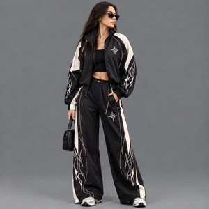 <b>Women's</b> Black <b>White</b> Geometric Embroidered 2 Piece Loose Fit Sporty Hoodie Sports Wear <b>Tracksuit</b> Set Full Sleeve Zipper Stand - Product Image 6