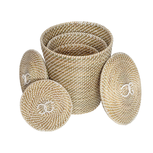 Woven Set of 3 Nesting Seagrass Laundry <b>Basket</b> <b>with</b> <b>Lid</b> Tapered Cylindrical Laundry Storage <b>Basket</b> from Vietnam - Product Image 2