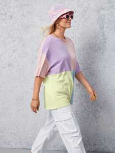 ONETEN APPARELS Women's Color Block T-Shirt Pastel Blue and Yellow Short Sleeve <b>Top</b> - Product Image 4