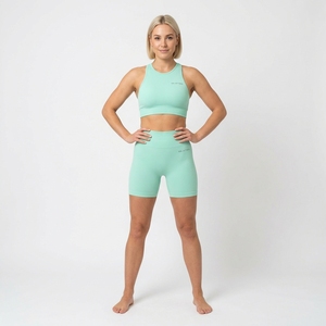 Women <b>Mint</b> <b>Green</b> Ribbed Crop Tank <b>Top</b> High Waist Biker Shorts Yoga Set Gym Fitness Workout Activewear Set - Product Image 4