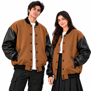 แจ็คเก็ตเบสบอลแบบ Letterman ไซส์ใหญ่ ขายส่ง ตัวเสื้อผ้าฝ้ายฟลีซ แขนเสื้อหนัง PU  รับทำแบรนด์ตามสั่ง - Product Image 6