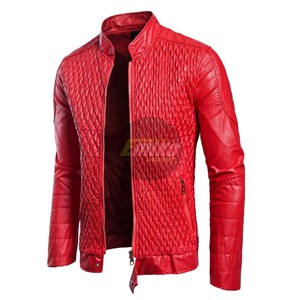 Veste en cuir PU matelassée rouge pour homme, col montant, fermeture éclair, style motard slim, veste en cuir véritable pour homme - Product Image 1