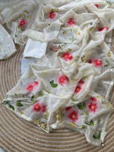 Sari indien ethnique en organza de soie peint à la main à motifs floraux, vente en gros, créateur, pour soirée, couleur crème, en tissu froissé transparent, traditionnel pour femme - Product Image 4