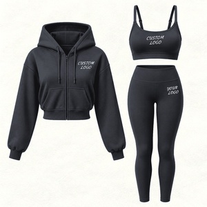 Trending Custom Women's 3 Piece Jogging Outfit Long Sleeve Zip Up <b>Jacket</b> Sports Bra Capri Fall Fitness Streetwear - Product Image 4