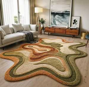Tapis en laine abstrait moderne, tapis de forme irrégulière, tapis touffeté vert rouille beige, tapis de luxe artistique pour salon, doux et moelleux - Product Image 3