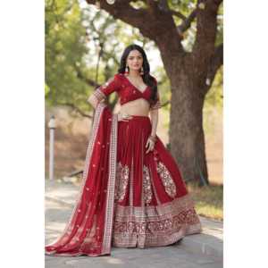 Lehenga Choli de Georgette con Corte Acampanado en Color Granate con Bordado, Vestidos de Noche de LIVEWEAR, 1500g - Product Image 6
