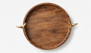 Wholesale Luxury Hardware <b>Wooden</b> Serving Tray Dark Mango Wood <b>Round</b> Platter Featuring Brass Finish Grips - Product Image 2