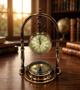 Vintage Brass Table Clock Compass Wooden Base Antique Nautical <b>Desk</b> Clock Decorative Timepiece - Product Image 1