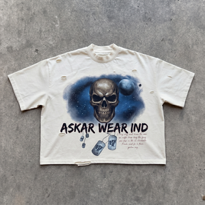 Askar เสื้อยืดโอเวอร์ไซส์สำหรับผู้ชาย, เสื้อยืดคอกลมแขนสั้นพิมพ์ลายกะโหลกสไตล์สตรีทไซส์ใหญ่ - Product Image 1