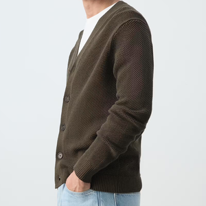 Cardigan pour homme à col en V, manches longues, fermeture boutonnée, couleur unie, tricot anti-boulochage, épaisseur standard, vêtement d'automne - Product Image 3