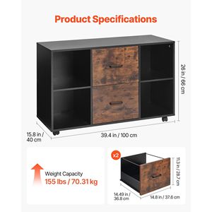 Armadietto Portadocumenti Mobile in Legno a 2 Cassetti con Ripiani Aperti e Ruote Bloccabili per Archiviazione Laterale - Product Image 3