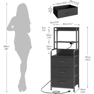 Comodino Alto con Stazione di Ricarica LED, 3 Cassetti in Tessuto e Ripiani Aperti, USB-A, Type-C e 2 Prese AC - Product Image 3