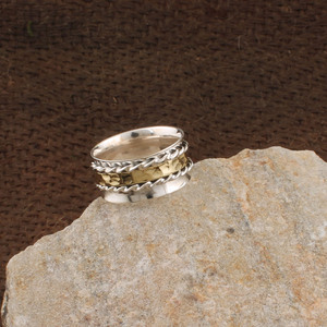 Wholesale 925 Sterling Silver Mixed Metal Women's Amethyst Gemstone <b>Spinner</b> <b>Ring</b> Hammered Brass Twisted Rope Triple Band - Product Image 2
