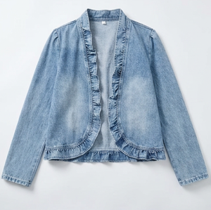 Vintage Casual Lace Edge Buttonless Cardigan Women's <b>Denim</b> <b>Jacket</b> Thin Long Sleeved Top Snow Washed Short Coat Autumn - Product Image 2