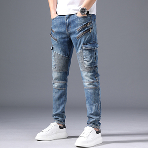 Nuevos Jeans Cargo de Mezclilla Premium para Hombre, Corte Slim, Lavado a la Piedra, con Cierres, Estilo Moto, Cintura Media, Transpirables, de Algodón, para Otoño - Product Image 4