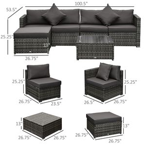 Set da Pranzo da Esterno 6 Pezzi in Rattan con Divano Sezionale, Cuscini Color Carbone, Mobili da Patio in Vimini con Pouf e Tavolino da Caffè - Product Image 3