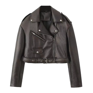 2026 Spring Fashion Custom Women's Motorbike Crop Leather Jacket Short Length <b>Zipper</b> <b>Waterproof</b> Button Washed Techniques - Product Image 4