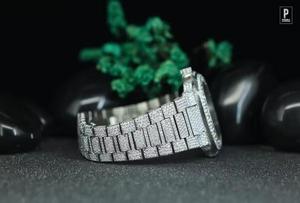 Luxury Mens Stainless Steel Tonneau Quartz <b>Watch</b> Silver Moissanite Diamond Encrusted <b>Case</b> Analog 38mm Round Brilliant Cut VS1 - Product Image 3