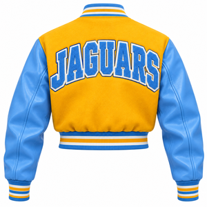 Chaqueta Universitaria Corta Southern University Jaguars, Chaqueta Bomber Personalizada HBCU Dorada y Azul con Letras Bordadas para Mujer, Venta al Por Mayor - Product Image 2