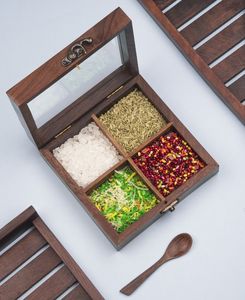 Indian Handicraft Brown Designer Wooden Spice <b>Box</b> Great for 9 Spices Storage <b>Herb</b> & Spice Tools for Kitchen & Dining - Product Image 2