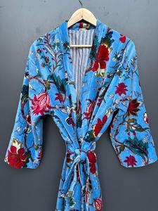 Robe longue à manches longues à imprimé floral, peignoir en tissu doux pour femmes, vêtements de nuit décontractés, style velours bleu - Product Image 4