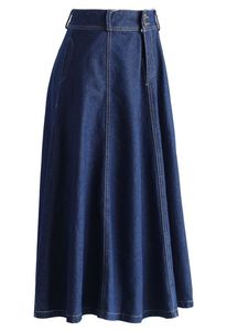 Jupe midi plissée en jean taille haute pour femme, coupe trapèze, unie, décontractée, en coton tissé, style ample, printemps - Product Image 4