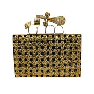 Handcrafted <b>Gold</b> Metal Floral Grid <b>Clutch</b> with Ornate Knuckle Handle Luxury Designer Statement Party Evening Handbag bridal <b>bag</b> - Product Image 1