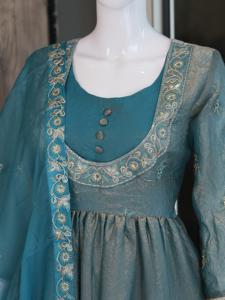 Blue Embroidered Anarkali Suit Silk Blend Kurta <b>Pyjama</b> Set Reversible Wrinkle Free Stretchable Party Wedding Wear - Product Image 5