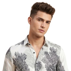 <b>Mens</b> White Black Coral Print Long Sleeve Button Down <b>Shirt</b> Modern Slim Fit Casual Fashion Collared <b>Shirt</b> for Everyday Wear - Product Image 3