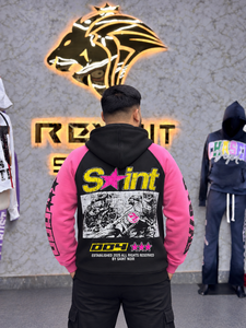 Rexfit Men's Oversized Hooded <b>Sweatshirt</b> <b>Pink</b> Black Raglan Sleeve Streetwear Cotton French Terry Printed Front Logo - Product Image 2