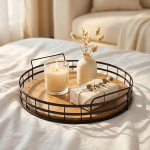 Wood & Iron Round Serving <b>Tray</b> for <b>Tea</b> Coffee Snacks Breakfast Decorative <b>Tray</b> for Dining Table Kitchen Counter Living Room - Product Image 5