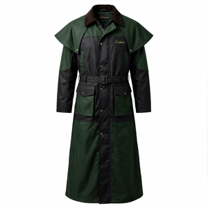 Manteau long imperméable pour femme Twill Sports avec ceinture et col châle, style utilitaire, coloris vert et noir - Product Image 1