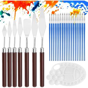 Set di 28 Spatole in Acciaio Inox per Pittura a Olio, 1 Tavolozza e 20 Pennelli, Set Artistico in Legno Rosso - Product Image 1