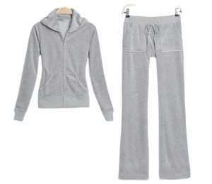 Winter Running Women's Velvet Fabric Body Fit Blank Track Suit Long Pants & Zipper Top Survetement Velour Ribbed Cuff Sweat Suit - Product Image 1
