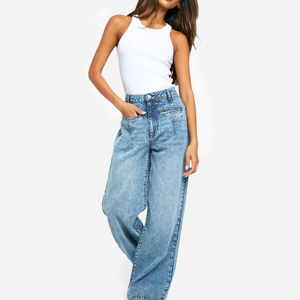 High Waist Womens Wide Leg <b>Denim</b> Jeans Pleated Loose Baggy Blue Pants Light Wash <b>Stretch</b> Trousers - Product Image 1