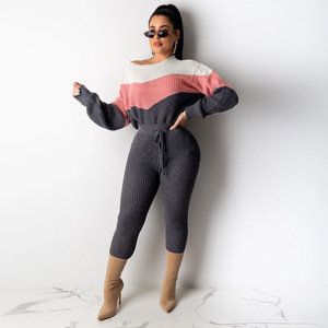 Women's Knitted Color Block <b>Sweater</b> <b>Set</b> With Drawstring Pants Full Sleeve O-Neck Casual Autumn Wear 2 Piece Outfit - Product Image 1