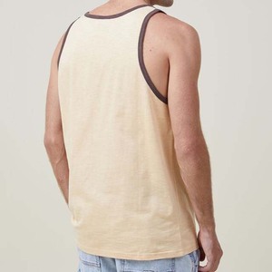 <b>Men's</b> Solid Color Knitted Tank Top O Neck Casual Sleeveless <b>Vest</b> 100% Cotton Brown with <b>White</b> Trim - Product Image 3