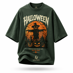 เสื้อยืดกราฟิกฮาโลวีนผู้ชายสีเขียวเข้ม ผ้าฝ้าย พิมพ์ลายตุ๊กตาไล่กา ฟักทอง ค้างคาว แขนสั้น ทรงโอเวอร์ไซส์ สไตล์ลำลอง สตรีทแวร์ - Product Image 1