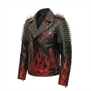 Blouson en cuir noir pour homme, style motard, avec broderie tête de mort et patch dorsal, streetwear vintage, type bomber Cafe Racer - Product Image 3