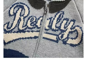 Ready Letter Print Zipper <b>Cardigan</b> Men Autumn Full Sleeve Acrylic Knitted Turn-down Collar Standard Thickness - Product Image 4