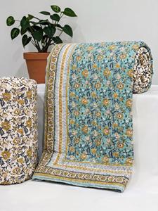 Couette Kantha de luxe faite à la main 100% coton, taille Queen, imprimé floral bleu, réversible, durable et respirante, lavable - Product Image 3