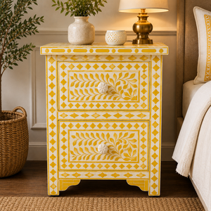 Mesa Auxiliar de Resina Hecha a Mano con Incrustaciones de Hueso y 2 Cajones de Almacenamiento, Mesita de Noche de Lujo con Incrustaciones de Hueso para Dormitorio - Product Image 5