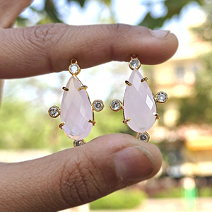 Pink Chalcedony Pear Stone <b>Earring</b> Connector Single Bail Tiny White Cubic Zirconia Accents 18k Gold Plated Brass Prong Set - Product Image 5