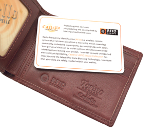 Portefeuille pour homme Castello, modèle bi-fold, marron, design minimaliste fin, cuir souple, RFID, longueur courte, polyester, classement haut de gamme - Product Image 4