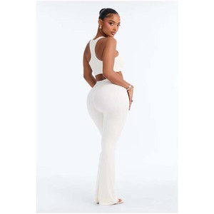 Women's <b>Seamless</b> Solid Black Yoga <b>Set</b> 2 Piece Scoop Neck Tank <b>Top</b> High Waist Flared <b>Leggings</b> - Product Image 3