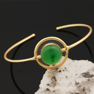 Handmade Classic 18K Gold Plated Oval Cut Green Jade Gemstone Brass Cuff Bangle | Adjustable Gemstone Bangle for Women Gift - Product Image 1